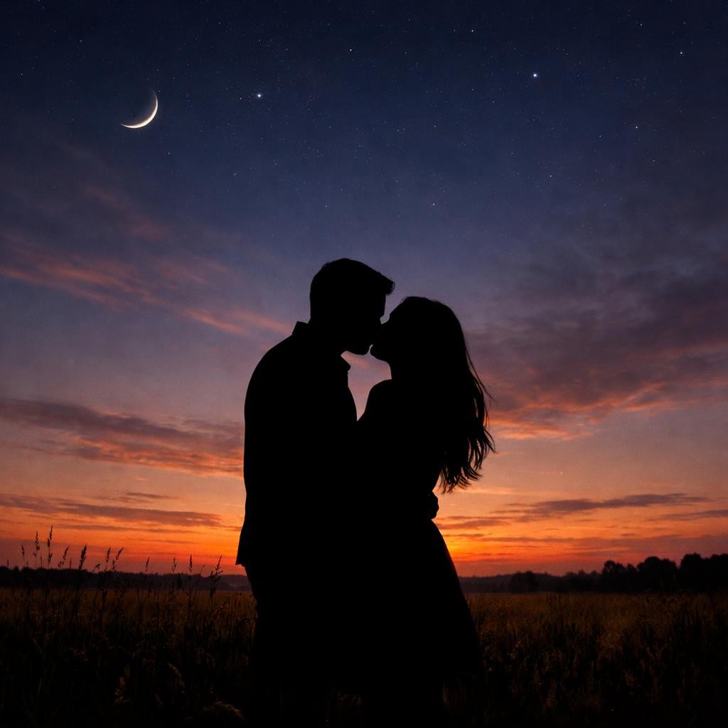 Silhouetted couple kissing outdoors at sunset with crescent moon and stars